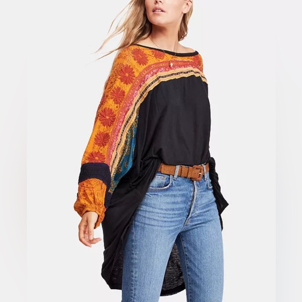 Free People Tripoli Contrast Embroidered Balloon Sleeve Linen Blend Tunic Top XS
